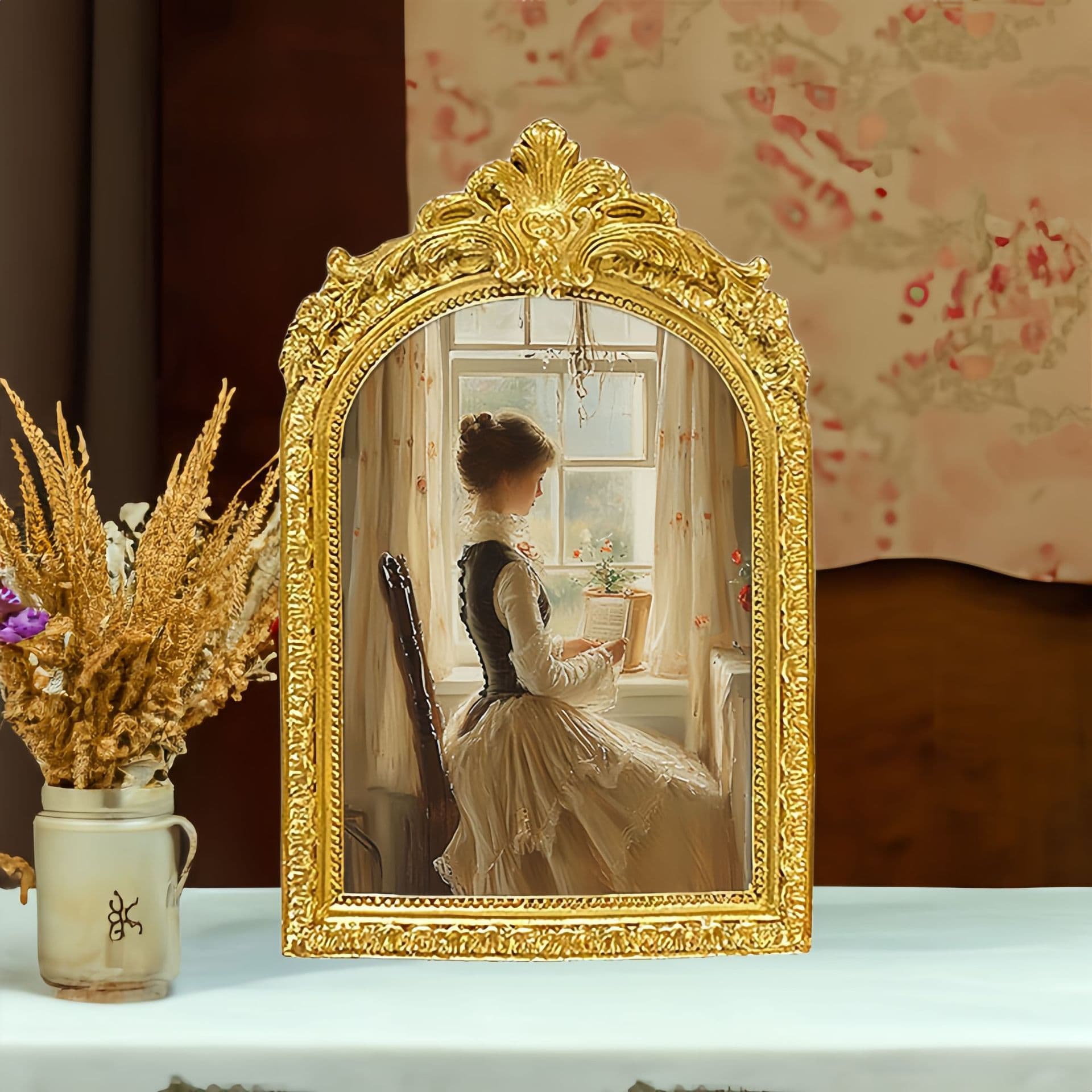 French Gold Carved Resin Photo Frame, Unique Wedding Wall/Table Decor with European Patterns