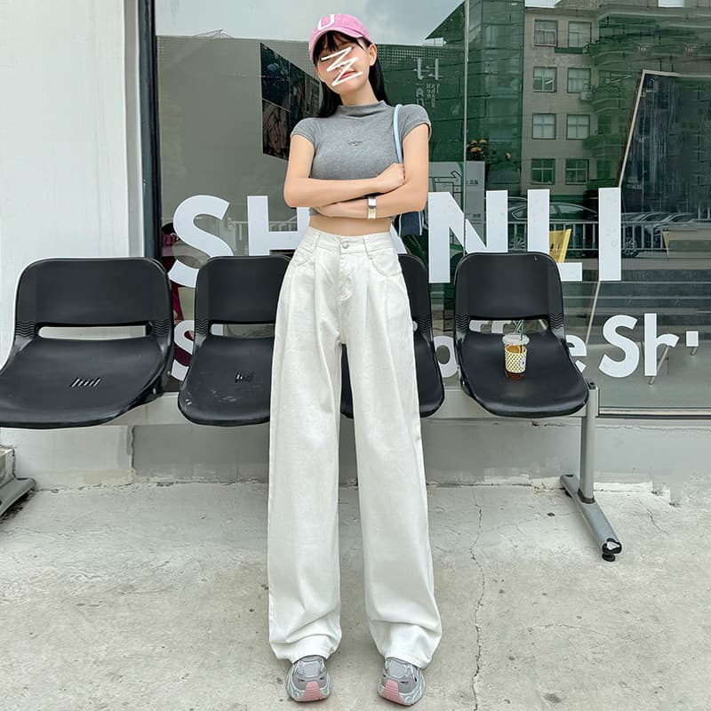 New Korean-style jeans for women, high-waisted, loose, slimming, pleated design, wide-legged, straight-leg floor-length trousers