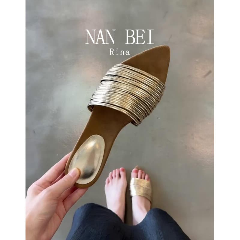 French Metal Braided Pointed Toe Mule Sandals for Women Summer 2026 New Light Luxury One-Strap Slippers