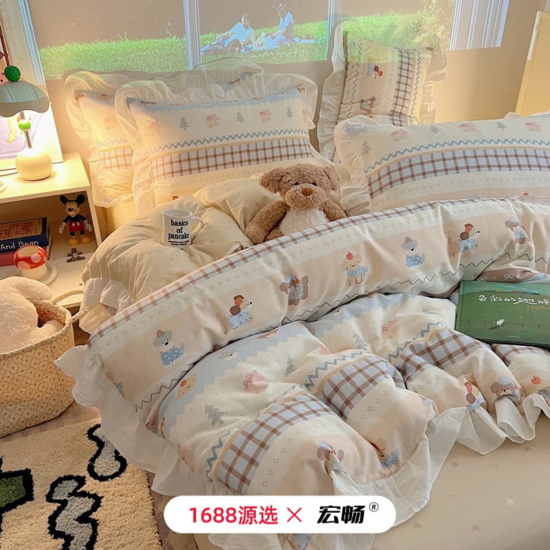 Korean Cute Ins Girl Style All-Cotton Four-Piece Set with Lace Trim Duvet Cover and Bed Sheet, Pure Cotton Three-Piece Set for Dormitory Students