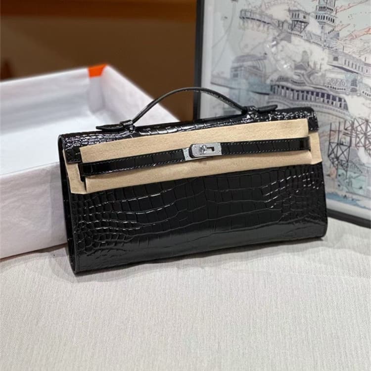 Hot Sale Of The Season New Long Kelly Handbag Palm Print Crocodile Skin Leather Underarm Single Shoulder Bag Women's Fashionable