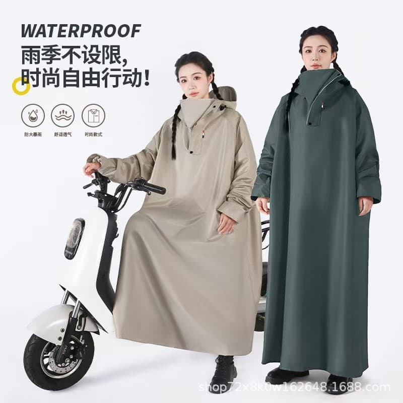 Electric Vehicle Raincoat One-Piece Raincoat with Sleeves, Thickened and Extended Full-Body Heavy Rain Protection for Scooters