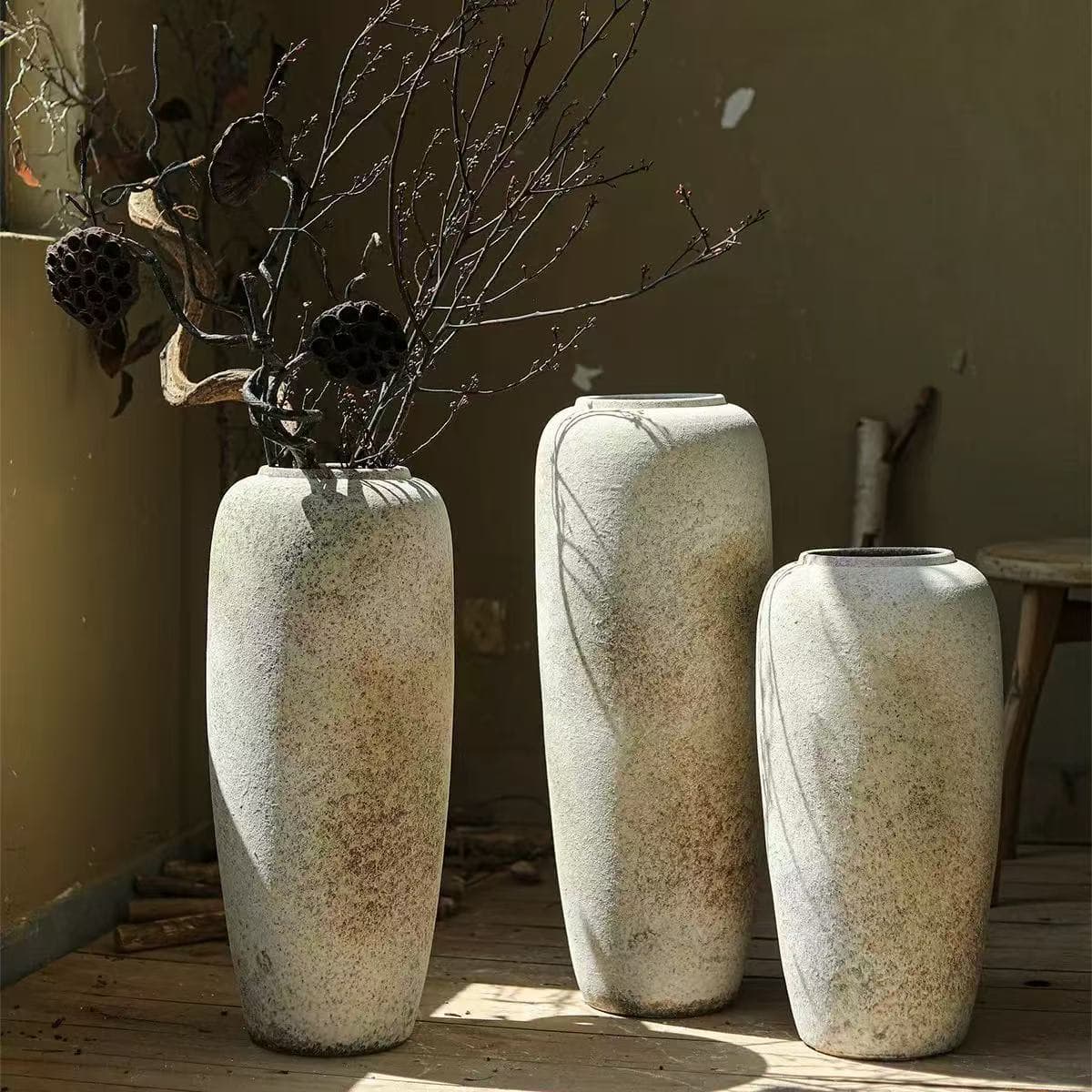 Vintage Floor Vase Wabi-Sabi Style Coarse Ceramic Distressed Vase Decorative Home Flower Arrangement Large Vase
