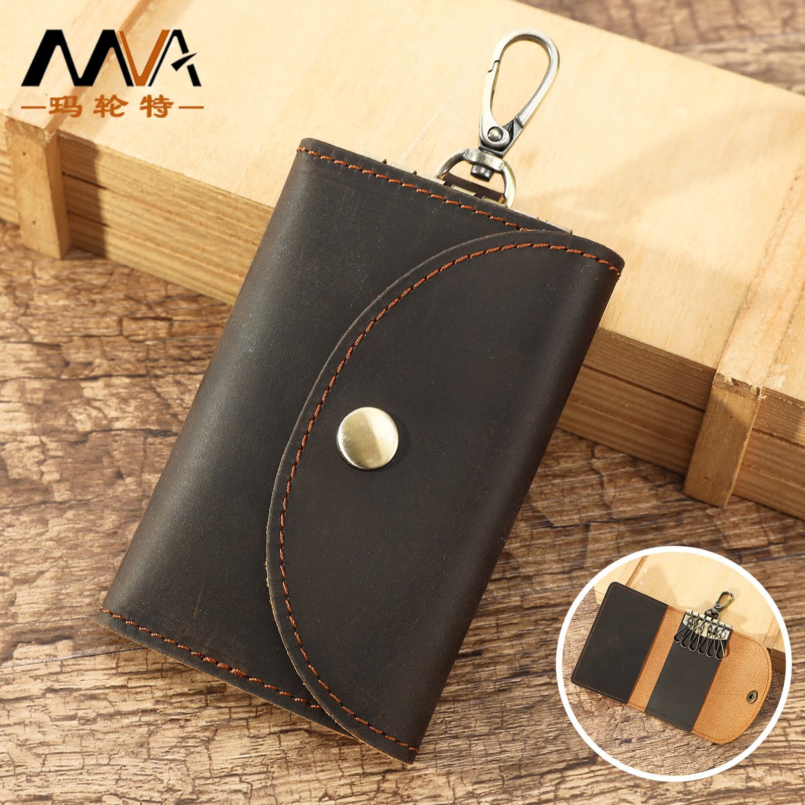 Retro crazy horse leather buckle key bag high-end new car key bag with card slot small portable key storage bag