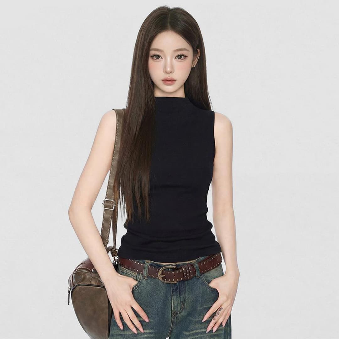 Carefully selected temperament sleeveless half turtleneck T-shirt vest for women with bottoming shirt for spring and summer outer wear sexy T-shirt hot girl top
