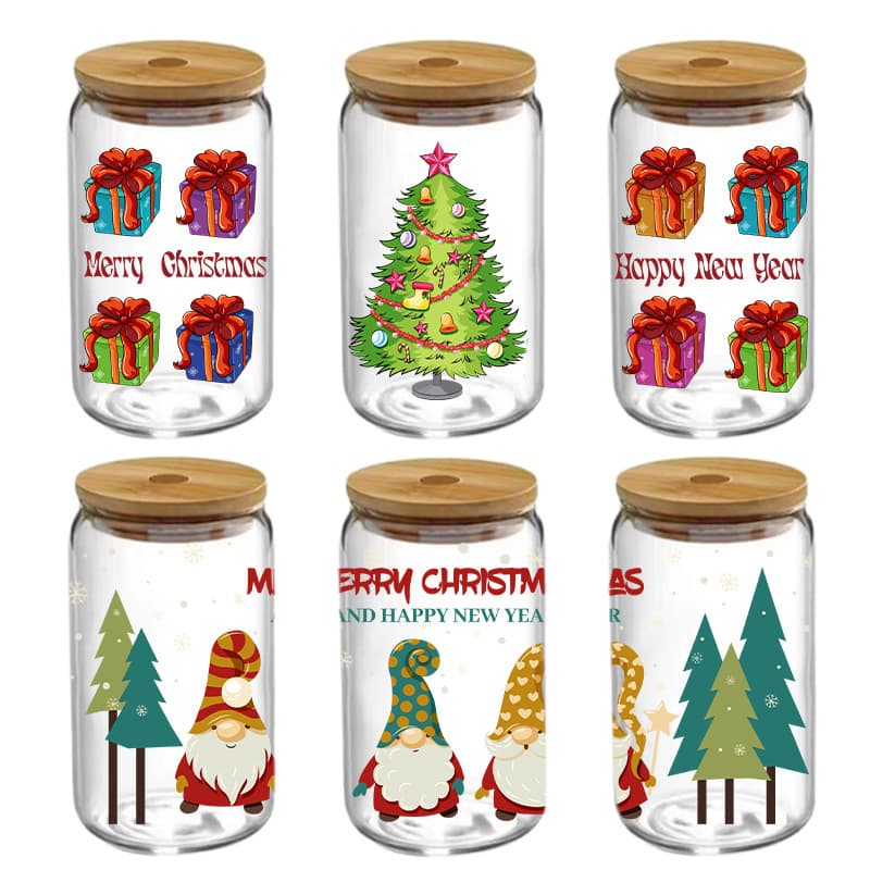 Cross-border Christmas crystal stickers UV DTF 16oz transfer stickers logo decals peel-off film leave text glass cup stickers