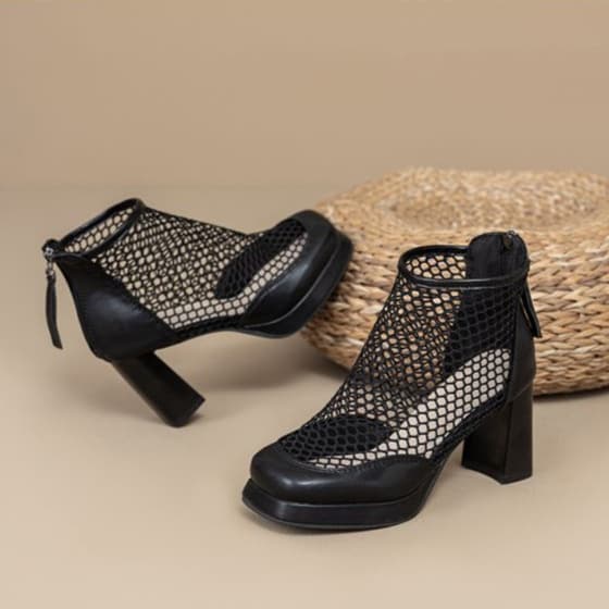 Mesh boots women's hollow thick heel mesh sandals 2026 summer new style black square toe high heel short boots breathable sandals