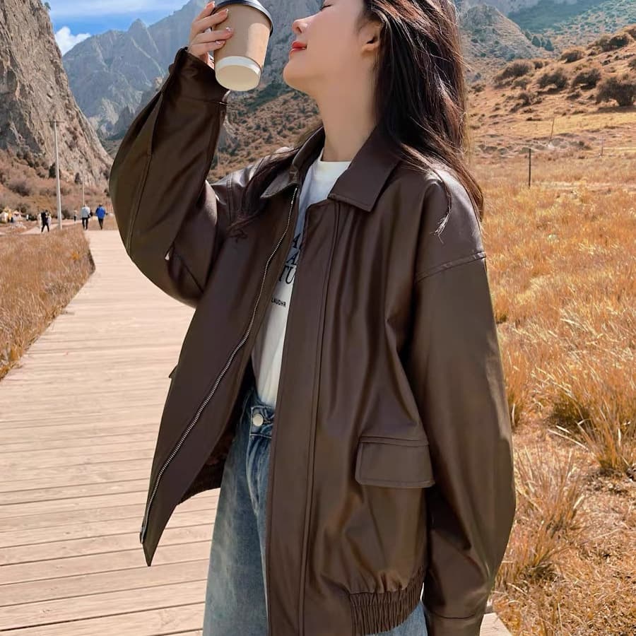 Vintage Coffee Color PULeather Jacket Maillard 2024 New Style Loose Fit Biker Jacket For Women Sweet Cool Wind Clothing