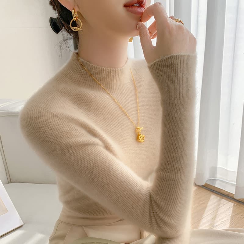 Autumn winter cashmere knitwear women's semi-high neck fitted simple seamless versatile sweater wool knit base layer.