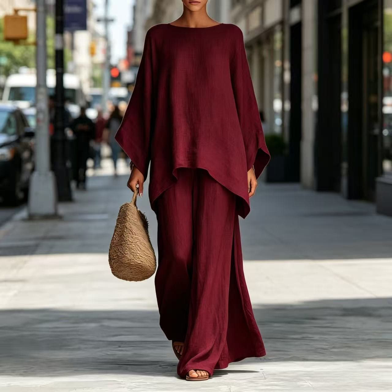 Women's European and American Cross-Border Irregular Tops and Wide-Leg Pants Suit, Autumn Loose Round Neck, Batwing Sleeves, Drapey Trousers for Summer