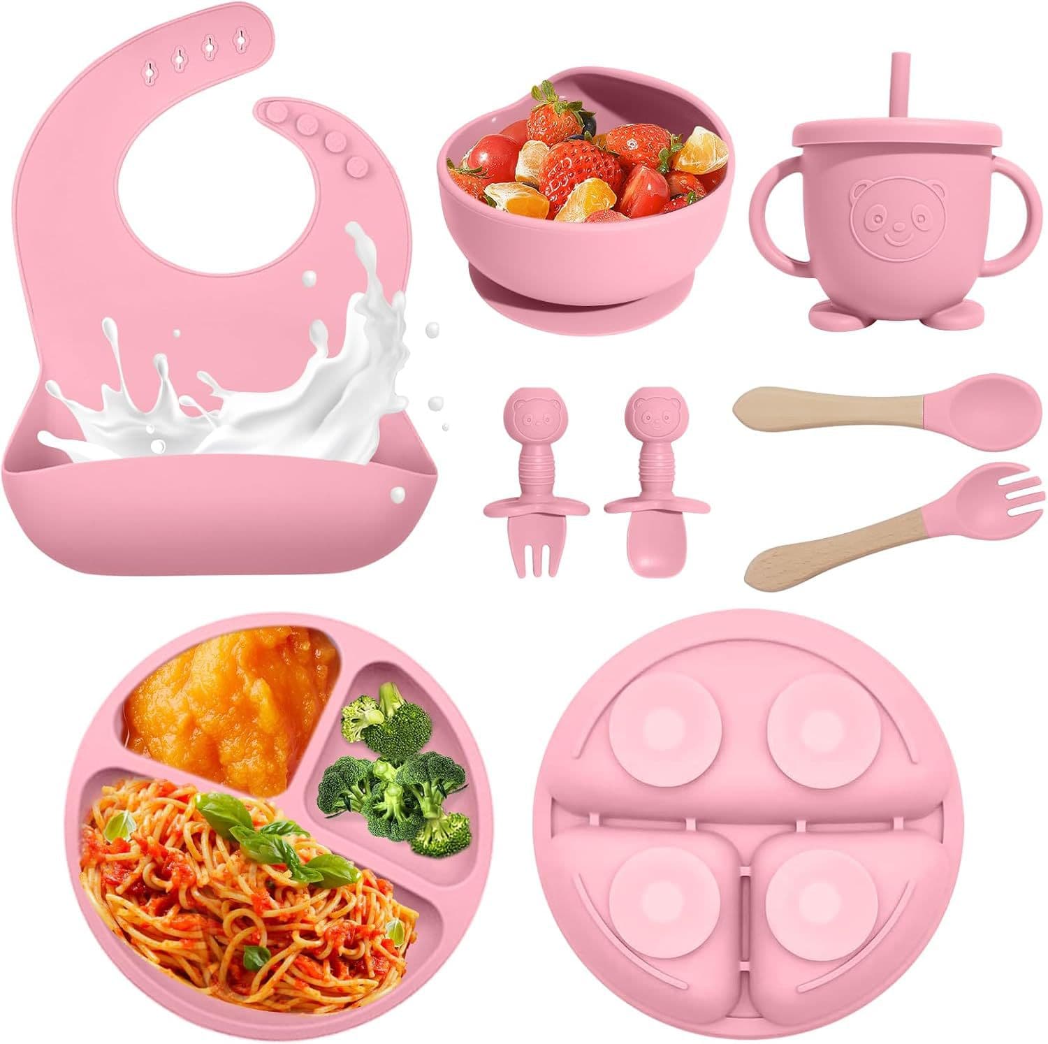 Children's Food-Grade Silicone Dinner Plate Set, Baby Feeding Utensils, Strong Suction Non-Slip Suction Cup 8-Piece Set