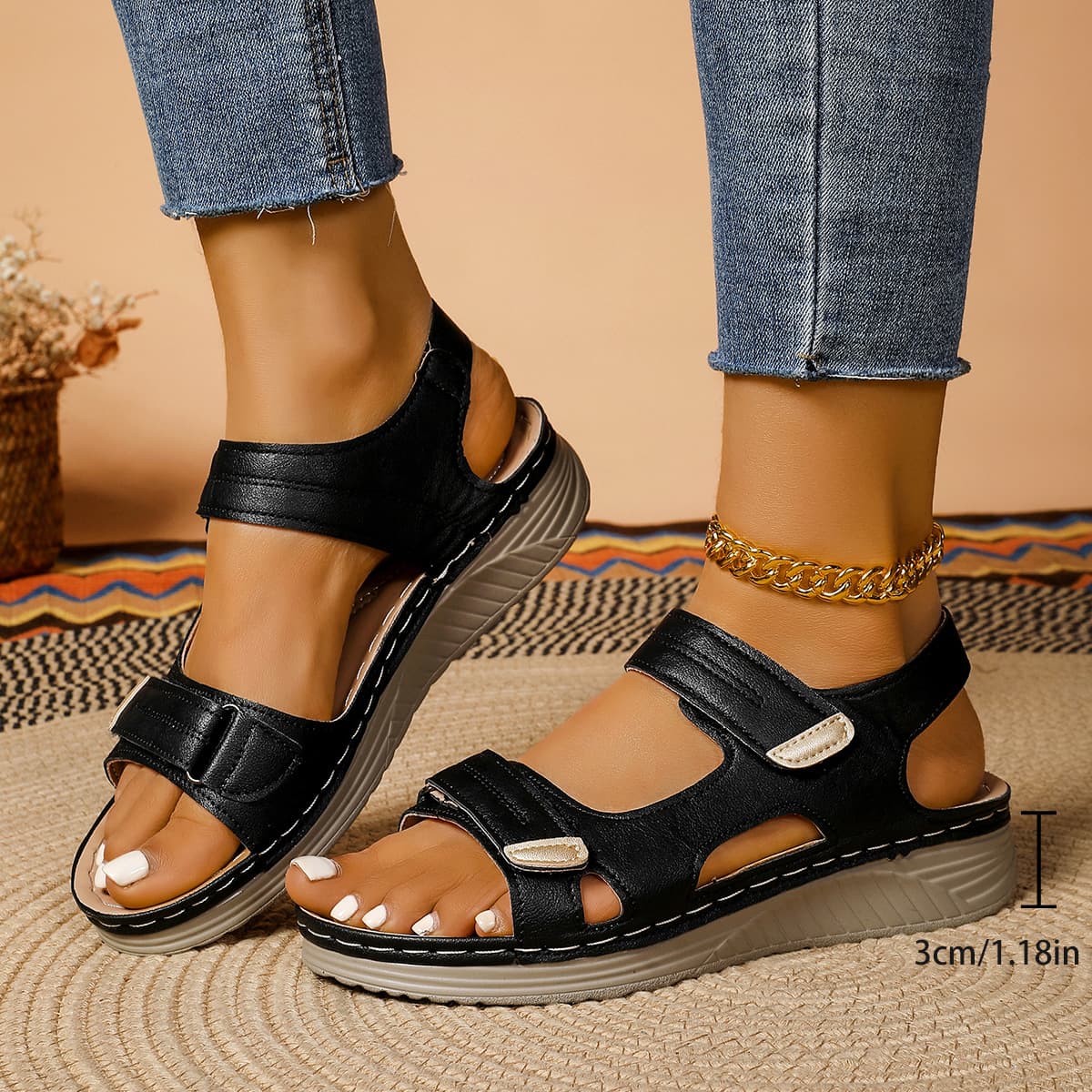 Cross-Border Foreign Trade Plus Size Platform Sandals Women's 2024 Summer New Hollow Wedge Sandals Outer Wear Flat Sandals Women