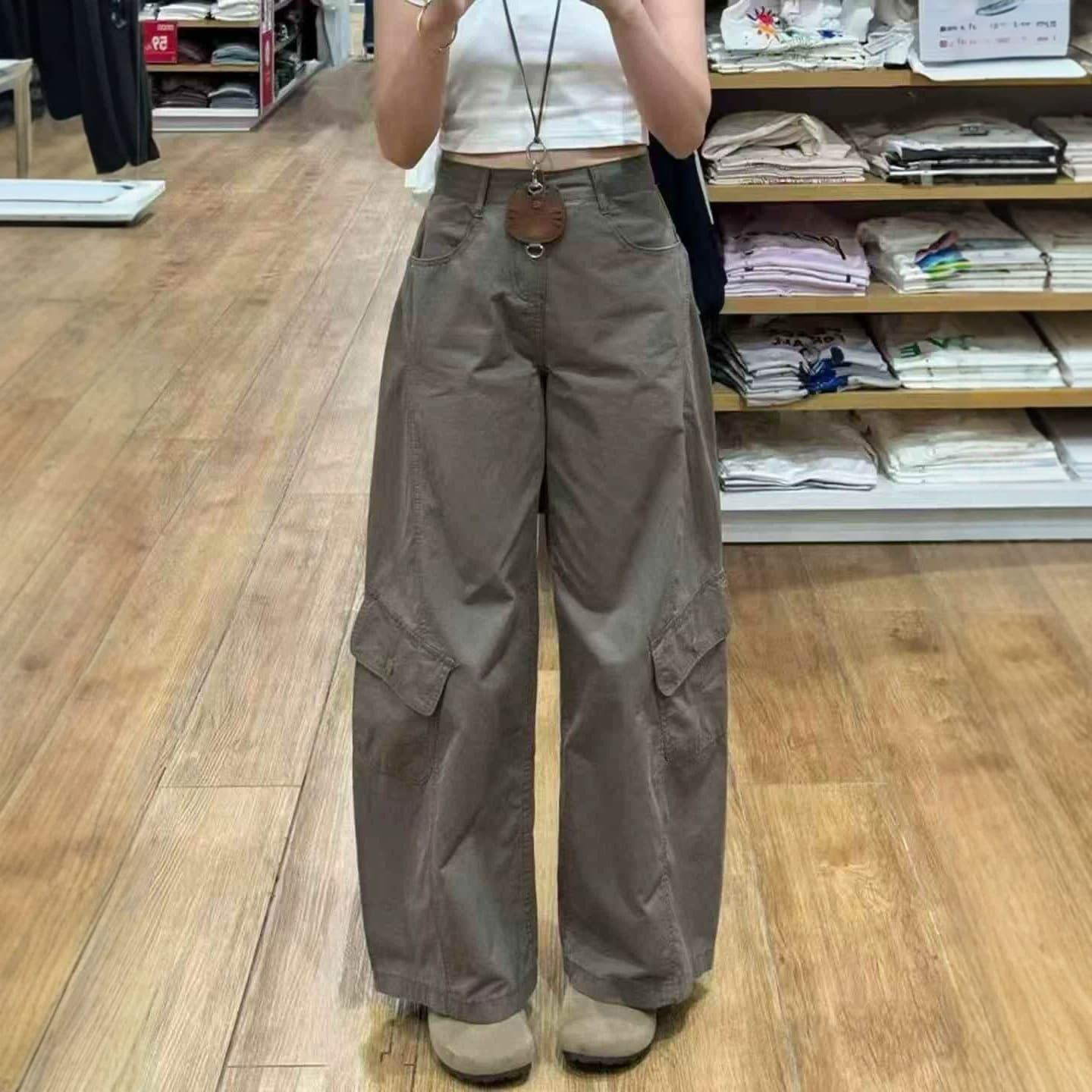 American retro design multi-pocket work jeans for women 2026 summer high street loose slimming wide-leg floor mopping