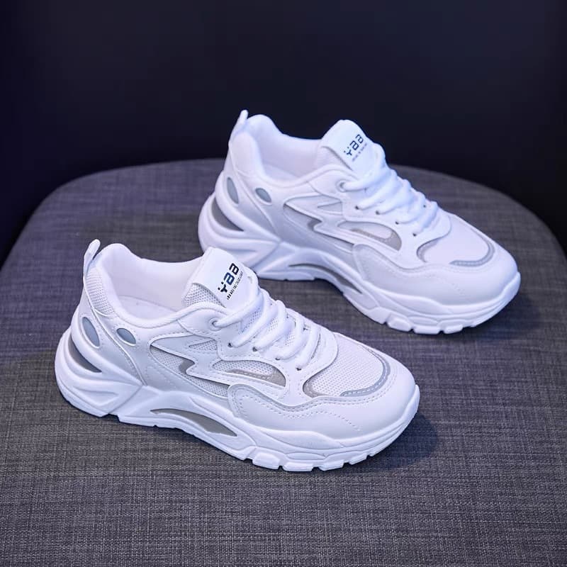 New Autumn Women's Breathable Mesh Shoes, Korean Style Versatile White Sneakers, Thick Sole Sports Casual Dad Shoes