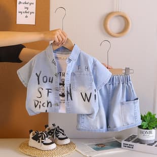 Boys' Summer Casual Thin Short Sleeve Set 2026 New Baby Kids Fashionable Denim Three-Piece Outfit