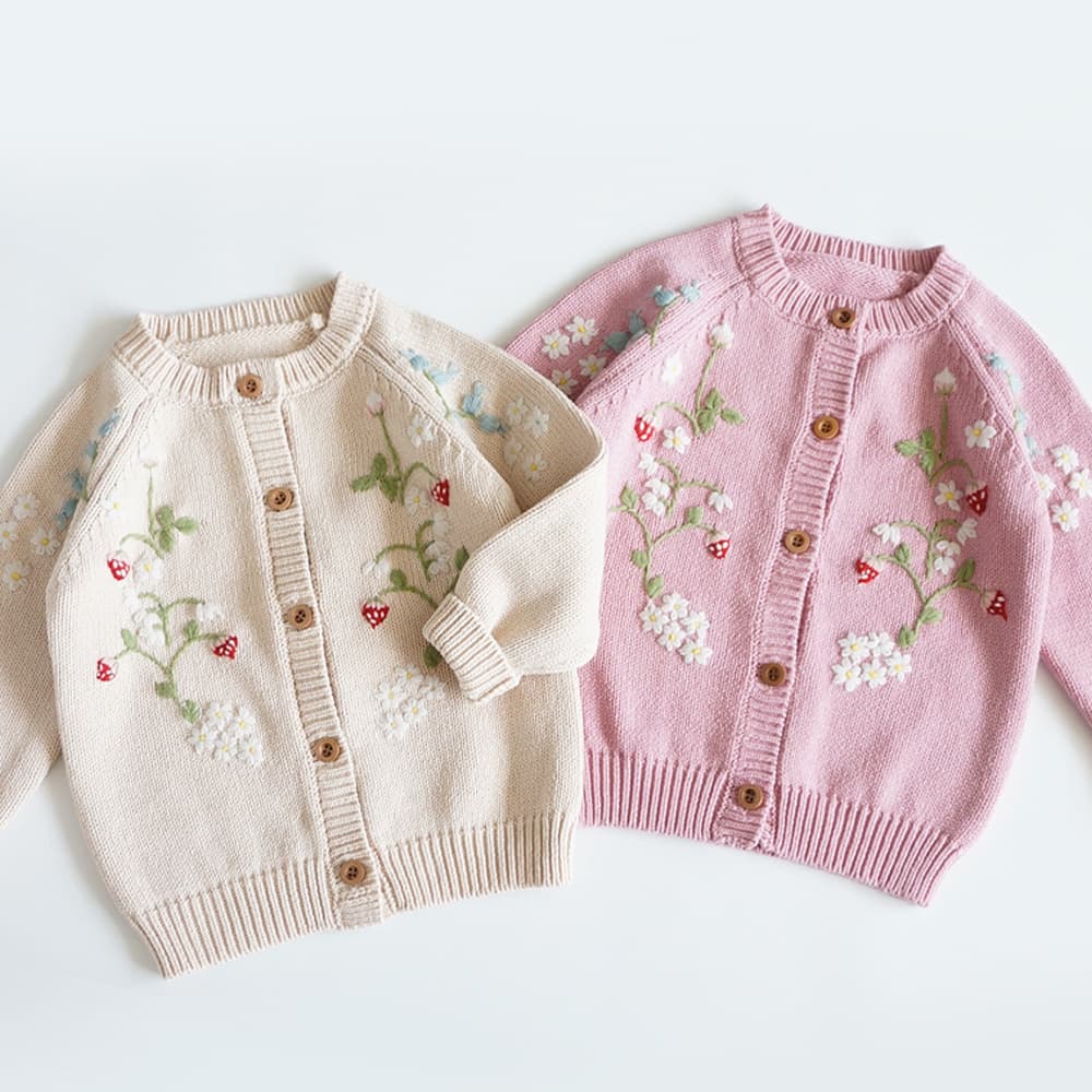 Girls' Children's Clothing 2023 New Style Kids Knit Sweater Wholesale Autumn Girls' Knit Cardigan Hand-Embroidered Strawberry Flower