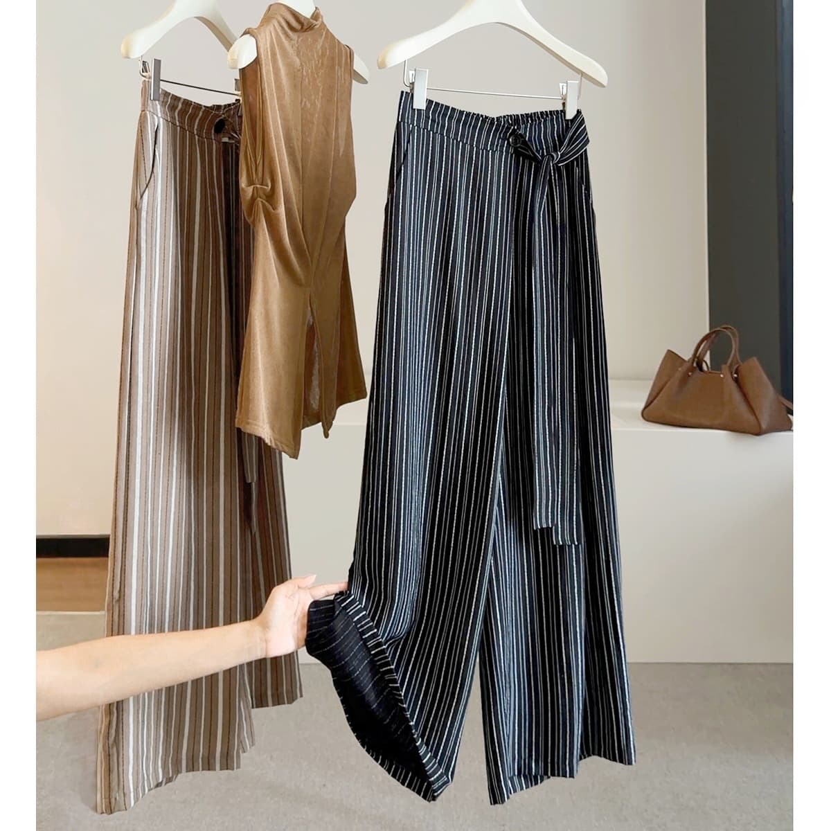 Old money style lace-up striped wide-leg pants for women summer new high-waist slim drape casual versatile slim trousers