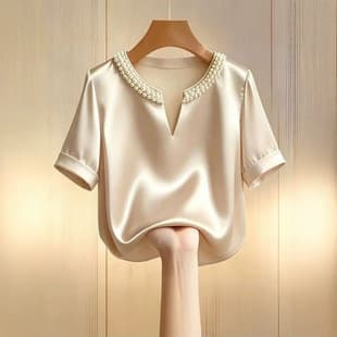 2026 New Satin Pearl V-Neck Short Sleeve T-Shirt Women's Summer High-End Sense Fashionable Loose Slimming Top