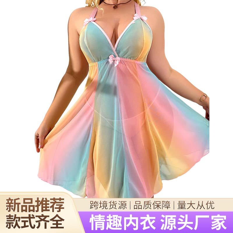 Amazon Best-Selling Plus Size Lingerie Sleepwear Set with Sexy Lace Rainbow Mesh Camisole Dress for Women