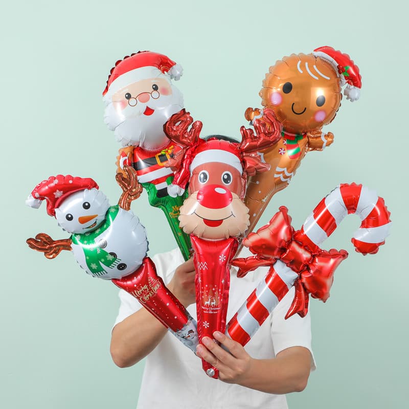 Christmas Stick Santa Snowman Elk Crutch Gingerbread Man Balloon Handheld Stick Medium Stick Christmas Balloon