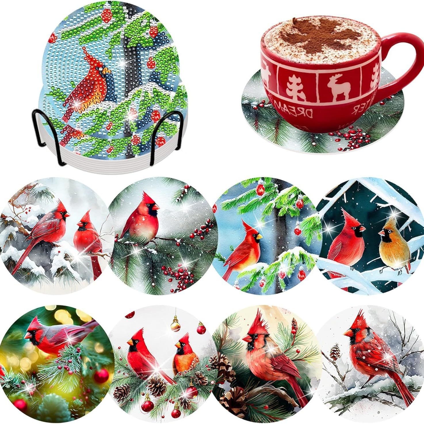 8-Piece Bird Diamond Art Painting Coaster Set with Stand, Non-Slip Coasters for Adults Diamond Painting Kit