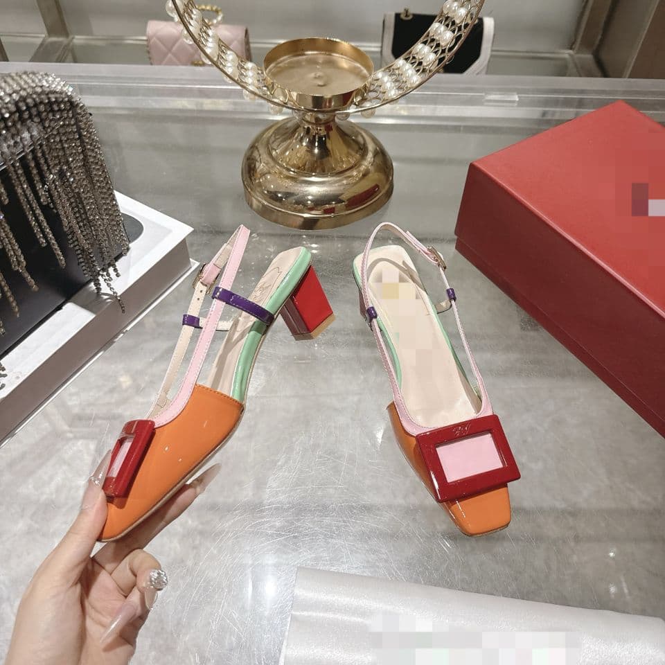 2026 New Custom High-End Genuine Leather RV Large Buckle Classic Fashion Women's Square Toe Block Heel Shallow Mouth Pumps