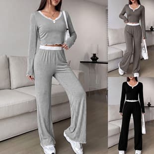 Women's Pajama Set with Contrast Waistband Pants, Loungewear, Casual, Relaxed Fit, Versatile for Fall and Winter, Cross-border Europe and America