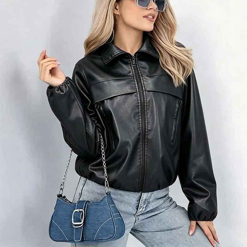 2026 Autumn Cross-Border Amazon 3 Leather Jacket Women's New Fashion Lapel PU Leather Jacket Casual Women's Leather Jacket