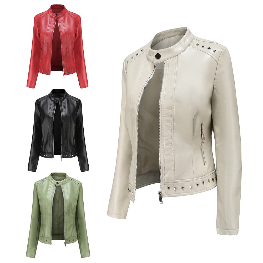2024 New Fashion Rivet Stand Collar Leather Jacket Women S-5XL Solid Color Casual Blazer Women Spring Autumn Outerwear