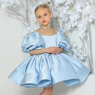 Vintage Baby Girl Pearl Dress, Children's Big Puff Sleeve Satin Formal Wedding Dress, Fashion Kids' Gown