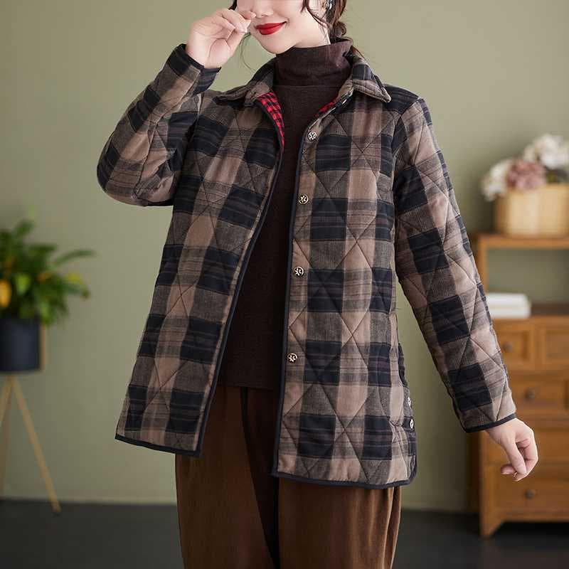 Women's Winter Cotton Jacket, Middle-Aged Mom Plaid Cotton Coat, Fashionable Plus Size Cotton Garment