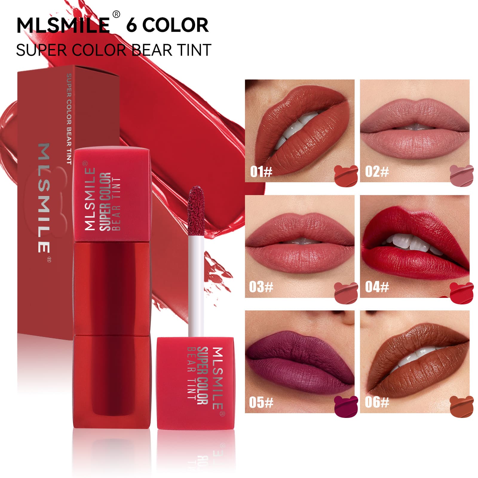 Mlsmile Cross-Border Exclusive Supply Teddy Lip Glaze in 6 Colors, Long-Lasting Velvet Matte Liquid Lipstick, Matte Non-Stick Cup Lip Gloss