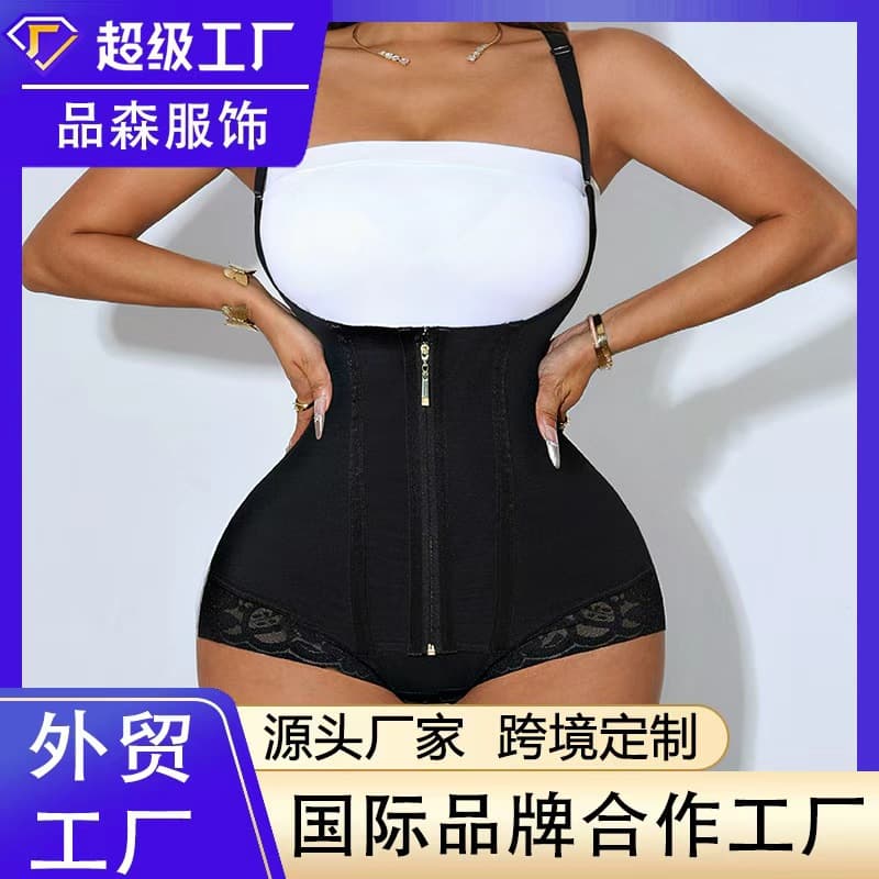 Cross-Border Temu New Body-Shaping Jumpsuit Zipper-Breasted Double-Layer Design Tummy-Tightening Jumpsuit