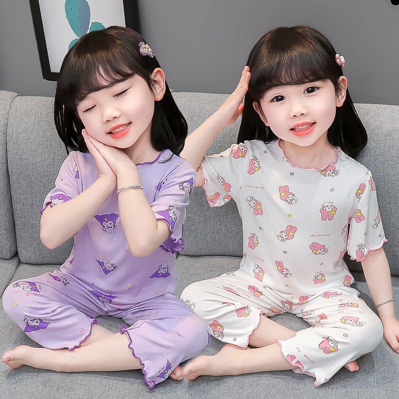 Ice Silk Baby Girl Thin Pajamas Summer Air Conditioning Suit Set Girls Lace Cartoon Short Sleeve Homewear Fashion