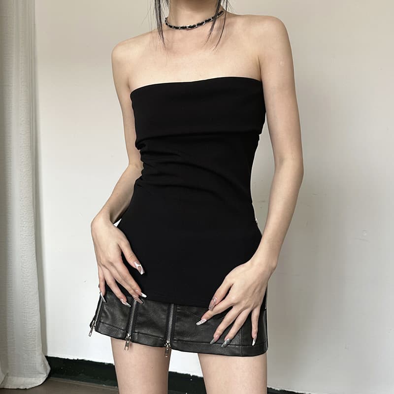 European and American ins fashion solid color off-shoulder zip top, sexy strapless T-shirt trend