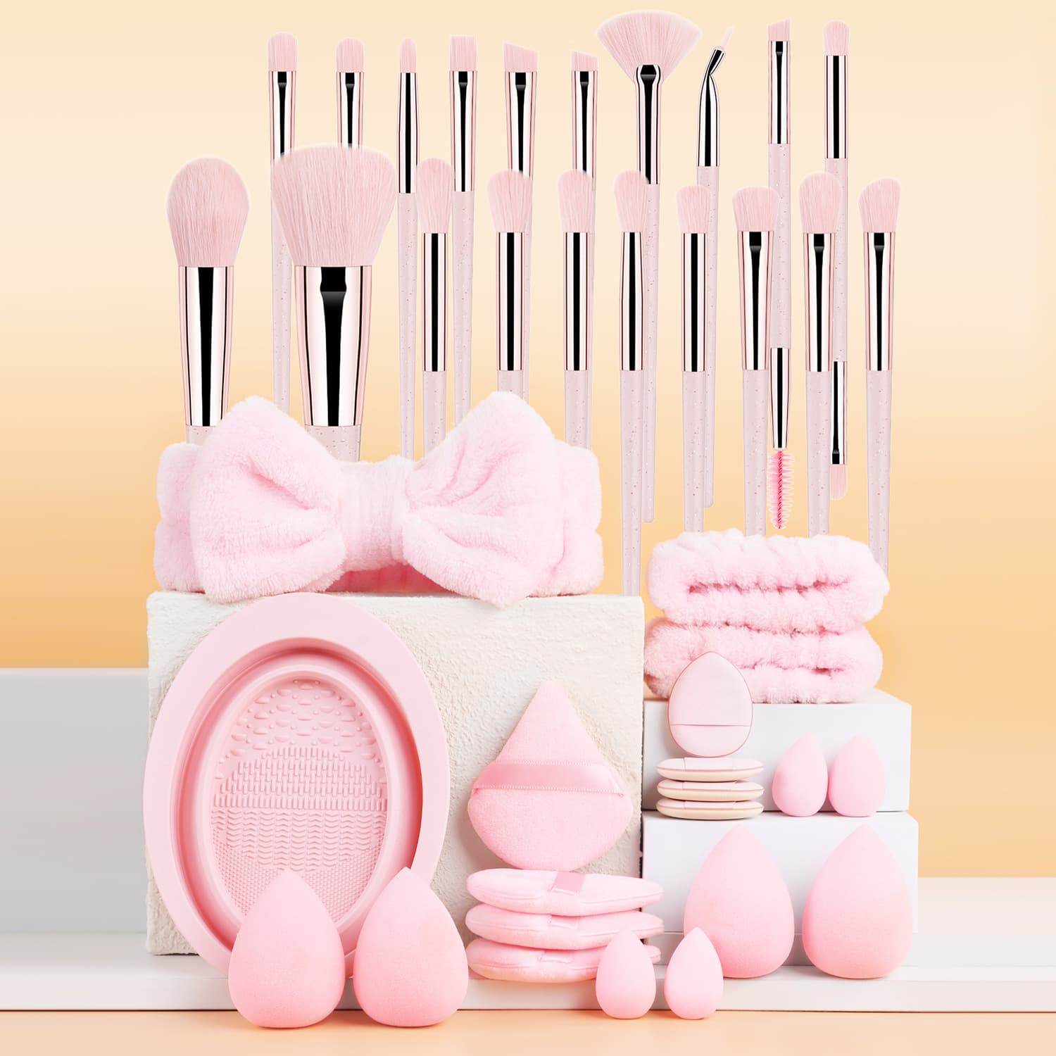 40-piece set cross-border new style 20 makeup brushes, 16 powder puffs, washing bowl, hair band, wristband, one piece drop shipping