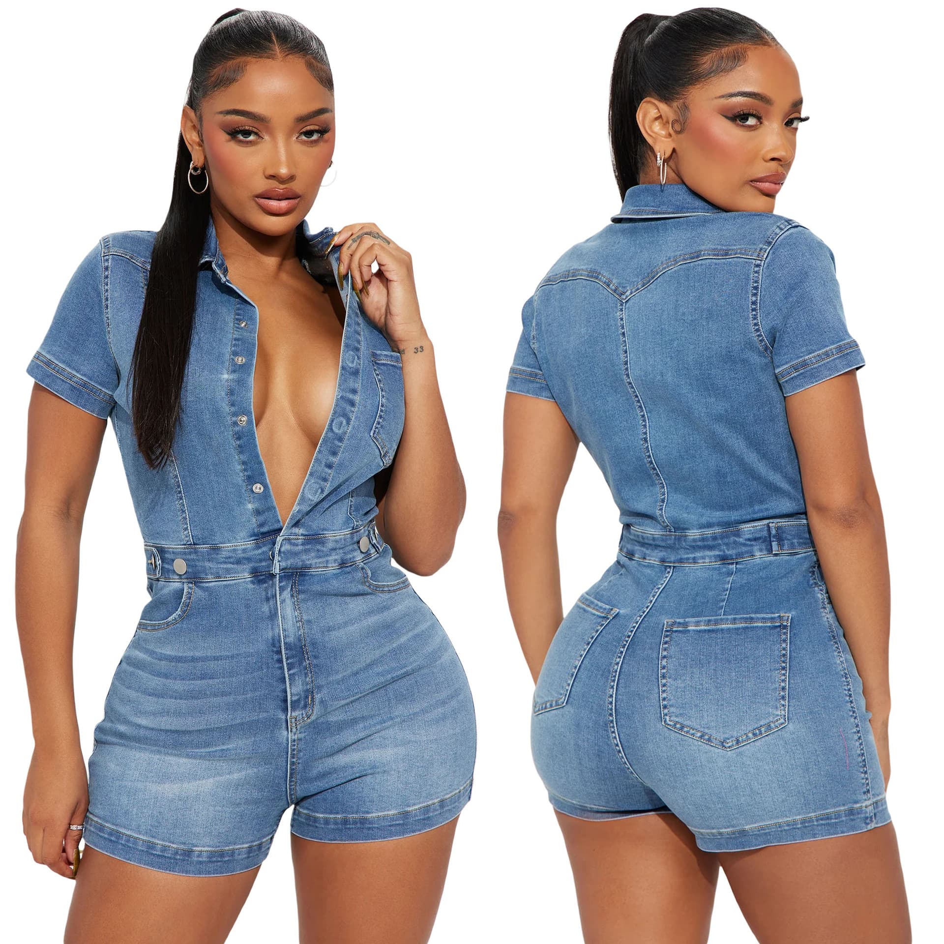 6043 Foreign Trade Europe and America Cross-border Amazon High Elastic Short-sleeved Slim-fit Washed Denim Pants