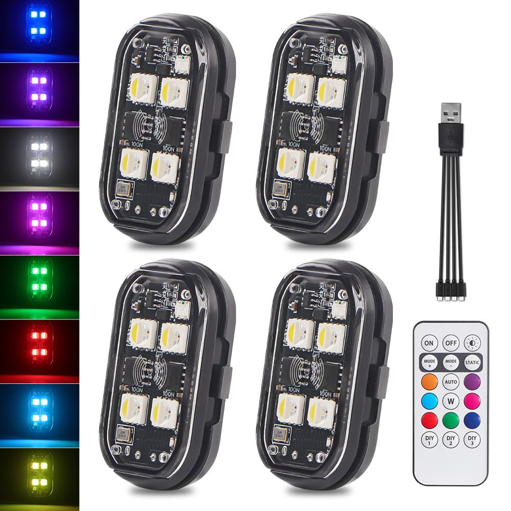 New 4-Light Waterproof Strobe LED Bulb Motorcycle LED Strobe Aircraft Light RGB Remote Control Warning Light