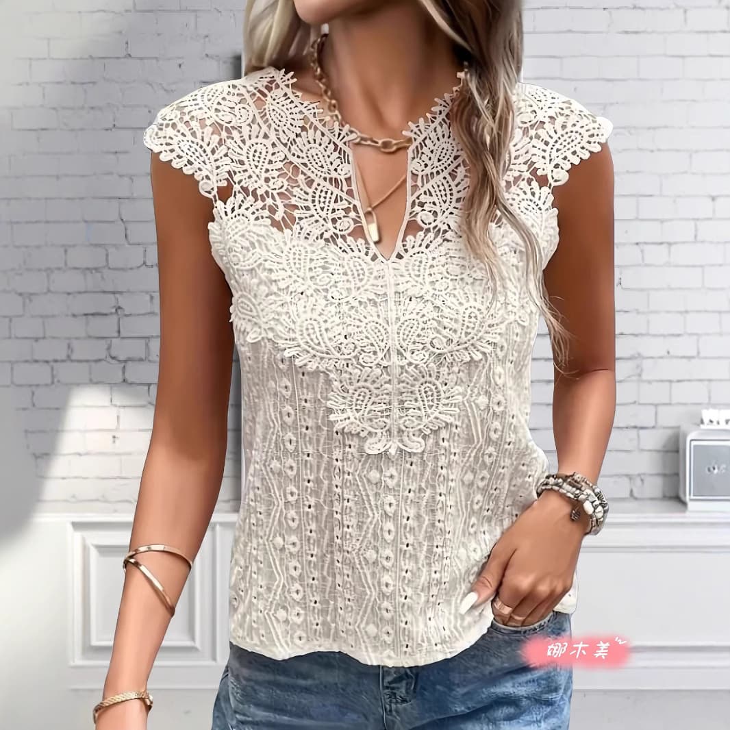 Pure Desire Style V-Neck Lace Trim Sleeveless T-Shirt Women's 2024 Fall/Winter New Design Hollow Out Solid Color Pullover Top