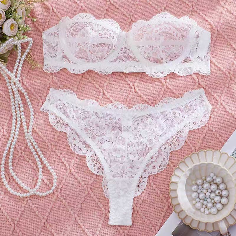 French Amazon Lace Camisole Push-Up Sexy Lingerie Set White Pure Lace Trim Bra Set
