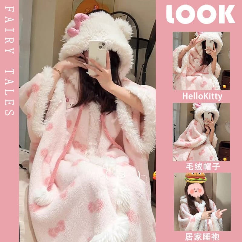 Cute Girl Soft Sister Bow Coral Fleece Hooded Robe Sleepwear, Winter 2025 New Fleece-Lined Warm Cape