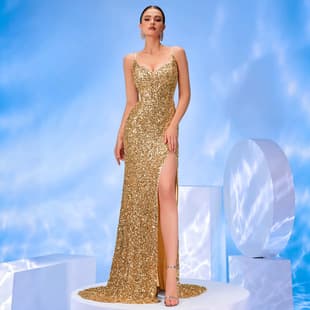 Amazon Bestseller Gold Sequin Dress Slit Thin Straps Deep V Luxury Temperament Banquet Fishtail Evening Gown