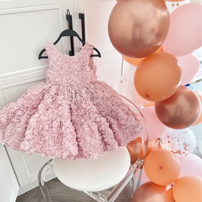 Girl's Birthday Princess Dress Banquet Gown Korean Fashion Baby Pink Floral Dress Children's Spring Dress