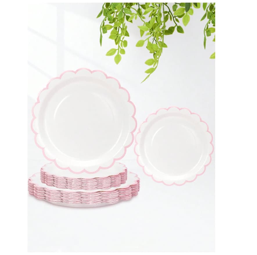 White/Light Pink Wavy Edge Bow Disposable Paper Plates, Ins Style Birthday Wedding Party Decorative Dinner Plates