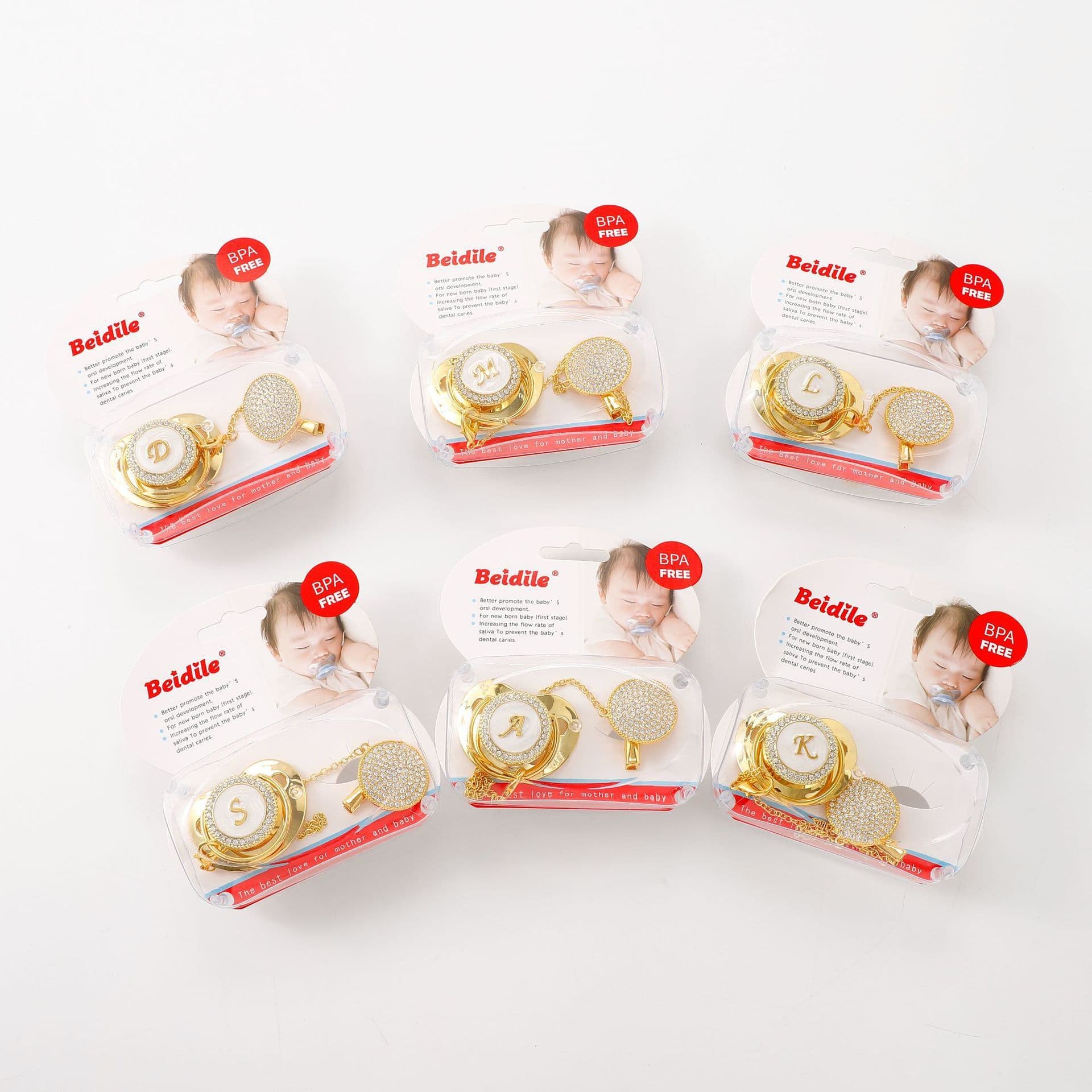 Hot-selling rhinestone pacifier with letter design, baby pacifier set + chain, food-grade silicone