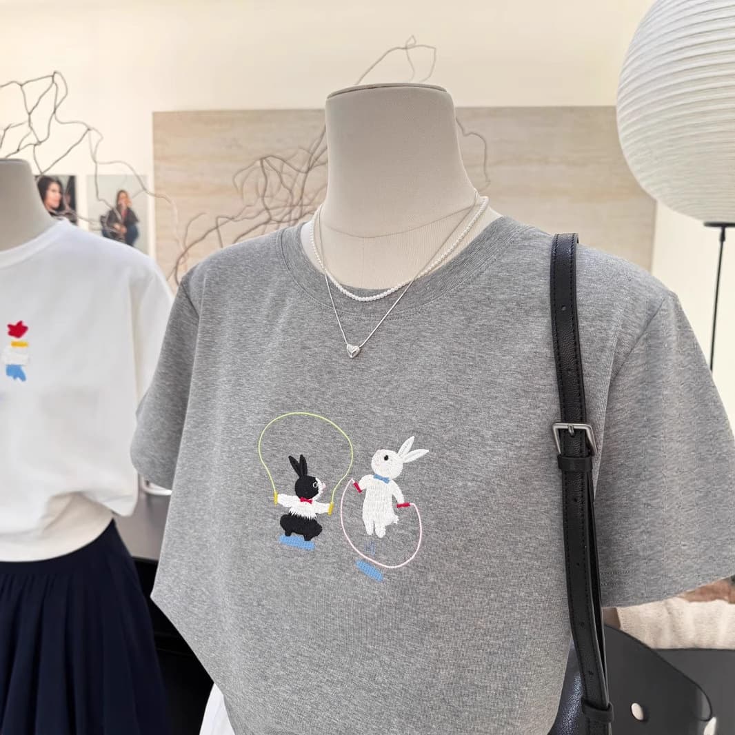 Plus Size 240 lbs Summer Loose Regular Shoulder Short Sleeve T-Shirt Heavyweight Jump Rope Bunny Embroidery Women's Round Neck Base Tee