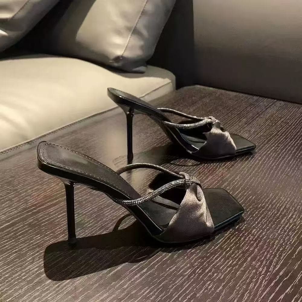 Purple Satin Rhinestone One-Strap Sandals Women 2026 Summer New Butterfly Bow Open-Toe High Heel Slide Sandals