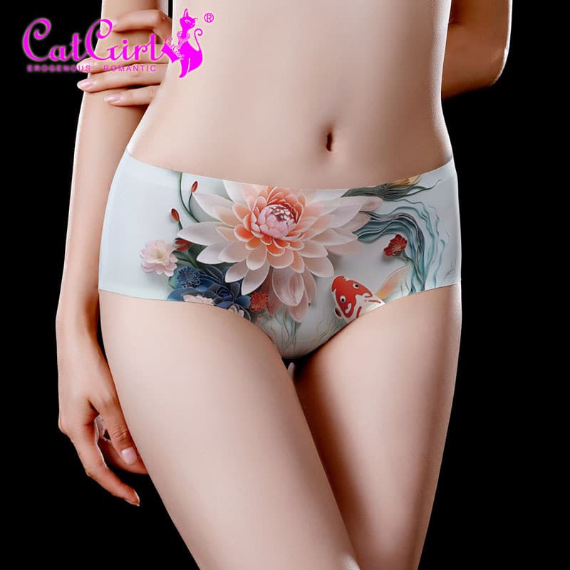Koi Flower Ice Silk Seamless Printed Women's Panties, Mid-Rise, Cute and Sweet Girl Triangle Panties, Breathable, Chinese Style Panties