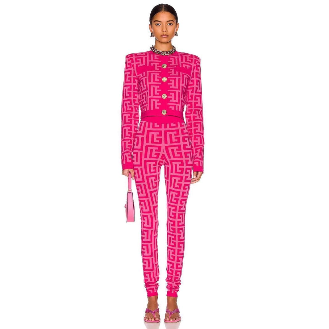In Stock 2025 Cross-Border Fashion Jacquard Two-Piece Bandage Set with Button Round Neck Top and High-Waist Pencil Pants