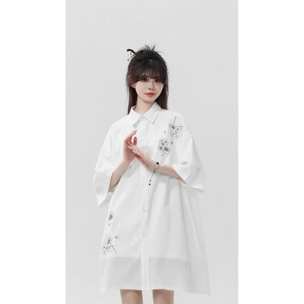 National trend Chinese style short-sleeved shirt design niche high-end summer half-sleeved ice silk black shirt for men and women couples